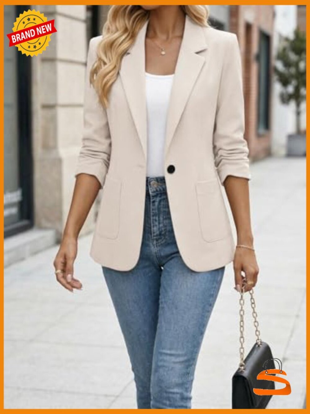 3/4 Ruched Sleeve Blazer - Lightweight Lined Casual Work Office Jacket with - Picture 2 of 7